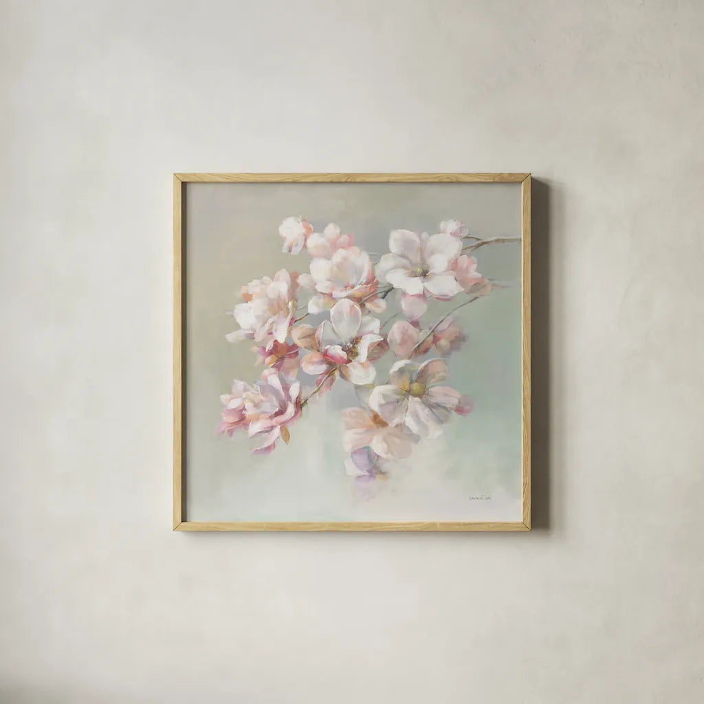 Sugar Magnolia by Danhui Nai. Shown in a natural wood glass frame for a timeless modern aesthetic. Available as an archival giclee rolled canvas, fine art paper, or poster print. SKU 70572a.