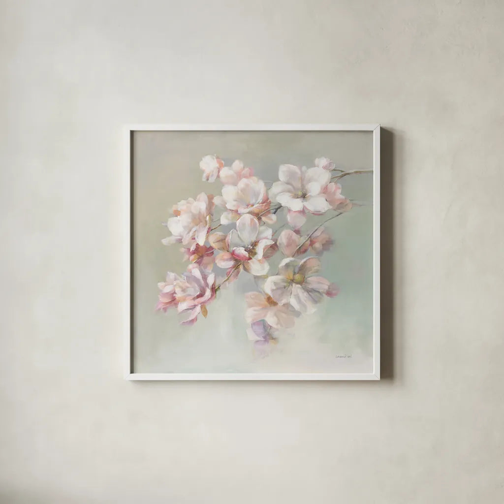 Sugar Magnolia by Danhui Nai. Shown in a crisp white glass frame for a clean and minimalist style. Available as an archival giclee rolled canvas, fine art paper, or poster print. SKU 70572a.