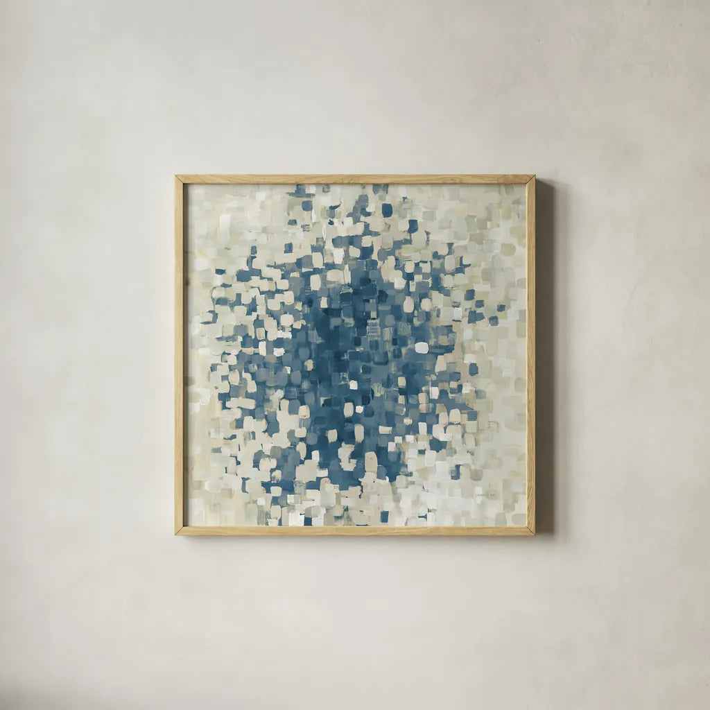 Summer Blocks Blue by Danhui Nai. Shown in a natural wood glass frame for a timeless modern aesthetic. Available as an archival giclee rolled canvas, fine art paper, or poster print. SKU 35821a.