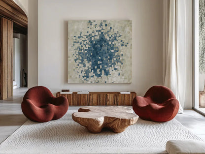 Summer Blocks Blue by Danhui Nai. Shown as extra-large giant wall art in a modern living room. Available as an archival giclee rolled canvas, fine art paper, or poster print. SKU 35821a.