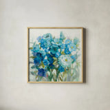 Summer Blues by Danhui Nai. Shown in a natural wood glass frame for a timeless modern aesthetic. Available as an archival giclee rolled canvas, fine art paper, or poster print. SKU 54069a.