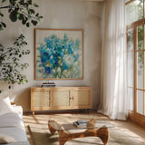Summer Blues by Danhui Nai. Shown in a natural wood frame in a cozy modern living room. Available as an archival giclee rolled canvas, fine art paper, or poster print. SKU 54069a.