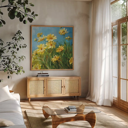 Summer Field I by Danhui Nai. Shown in a natural wood frame in a cozy modern living room. Available as an archival giclee rolled canvas, fine art paper, or poster print. SKU 6574a.