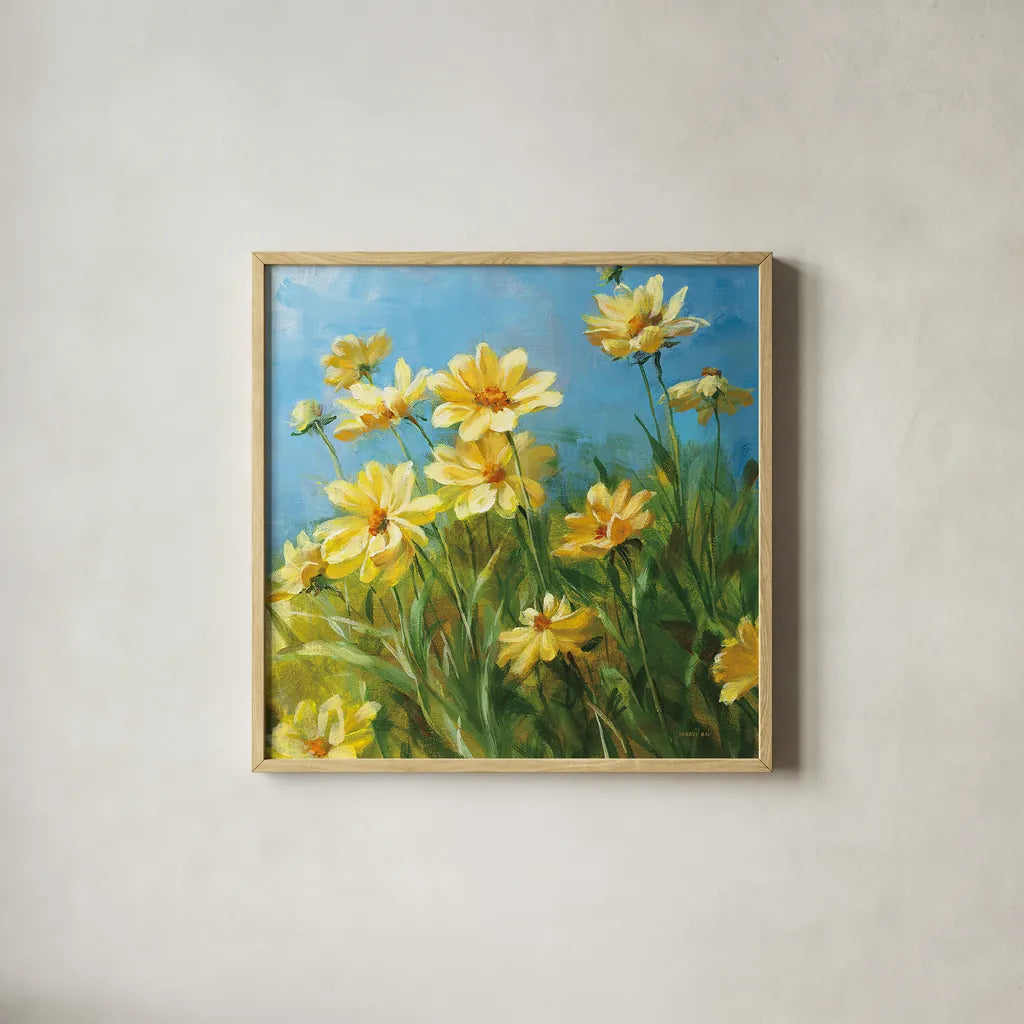 Summer Field I by Danhui Nai. Shown in a natural wood glass frame for a timeless modern aesthetic. Available as an archival giclee rolled canvas, fine art paper, or poster print. SKU 6578a.