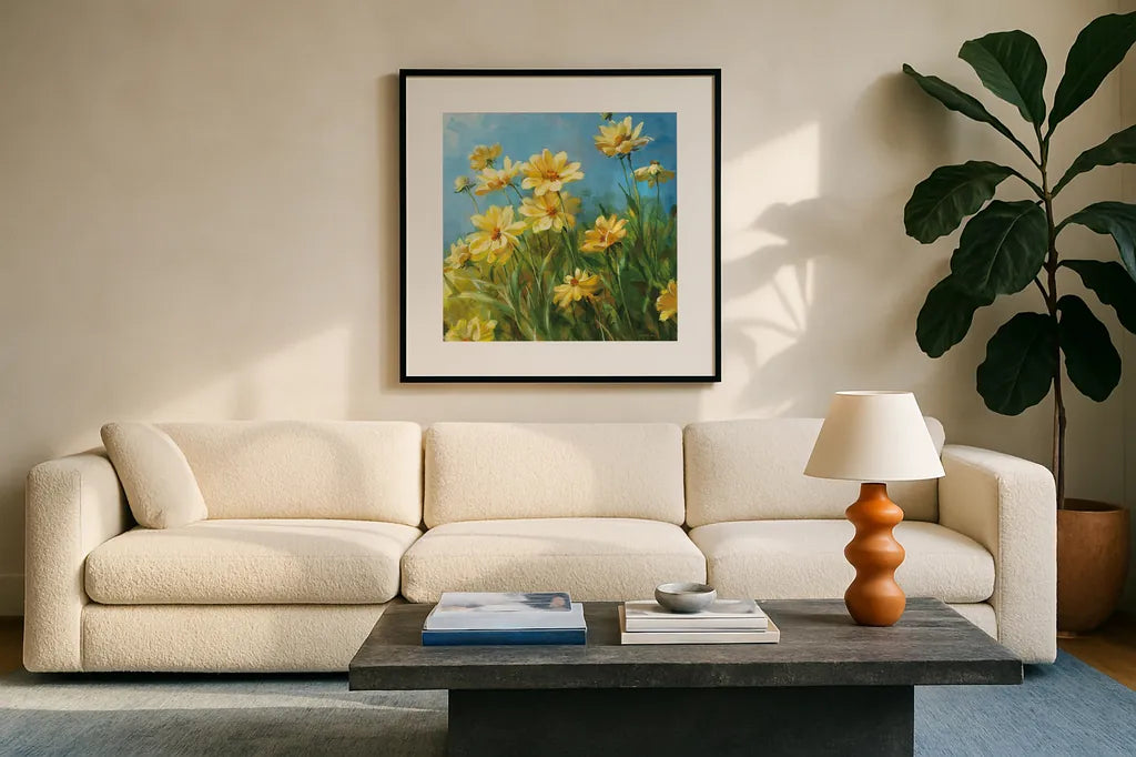 Summer Field I by Danhui Nai. Displayed in a glass frame with matte in a clean modern living room. Available as an archival giclee rolled canvas, fine art paper, or poster print. SKU 6578a.