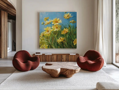 Summer Field I by Danhui Nai. Shown as extra-large giant wall art in a modern living room. Available as an archival giclee rolled canvas, fine art paper, or poster print. SKU 6578a.