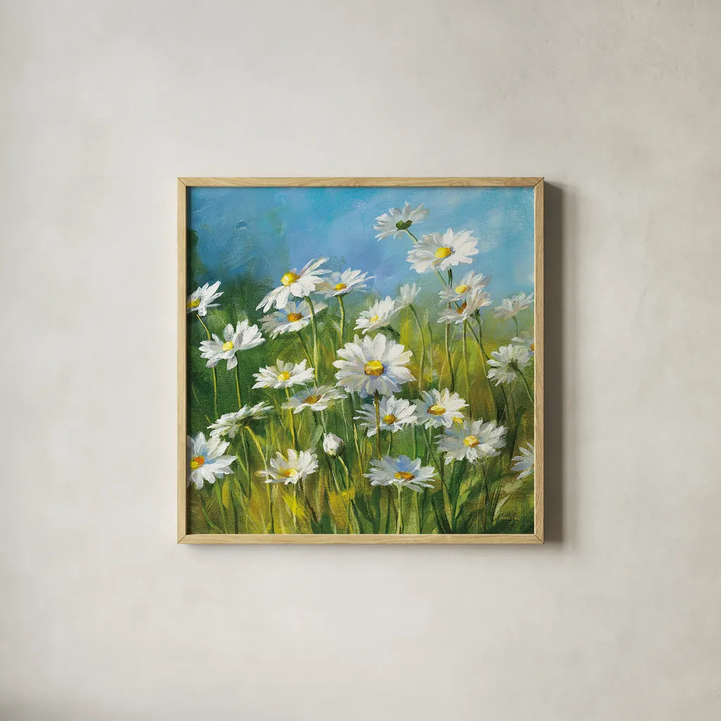 Summer Field II by Danhui Nai. Shown in a natural wood glass frame for a timeless modern aesthetic. Available as an archival giclee rolled canvas, fine art paper, or poster print. SKU 6575a.