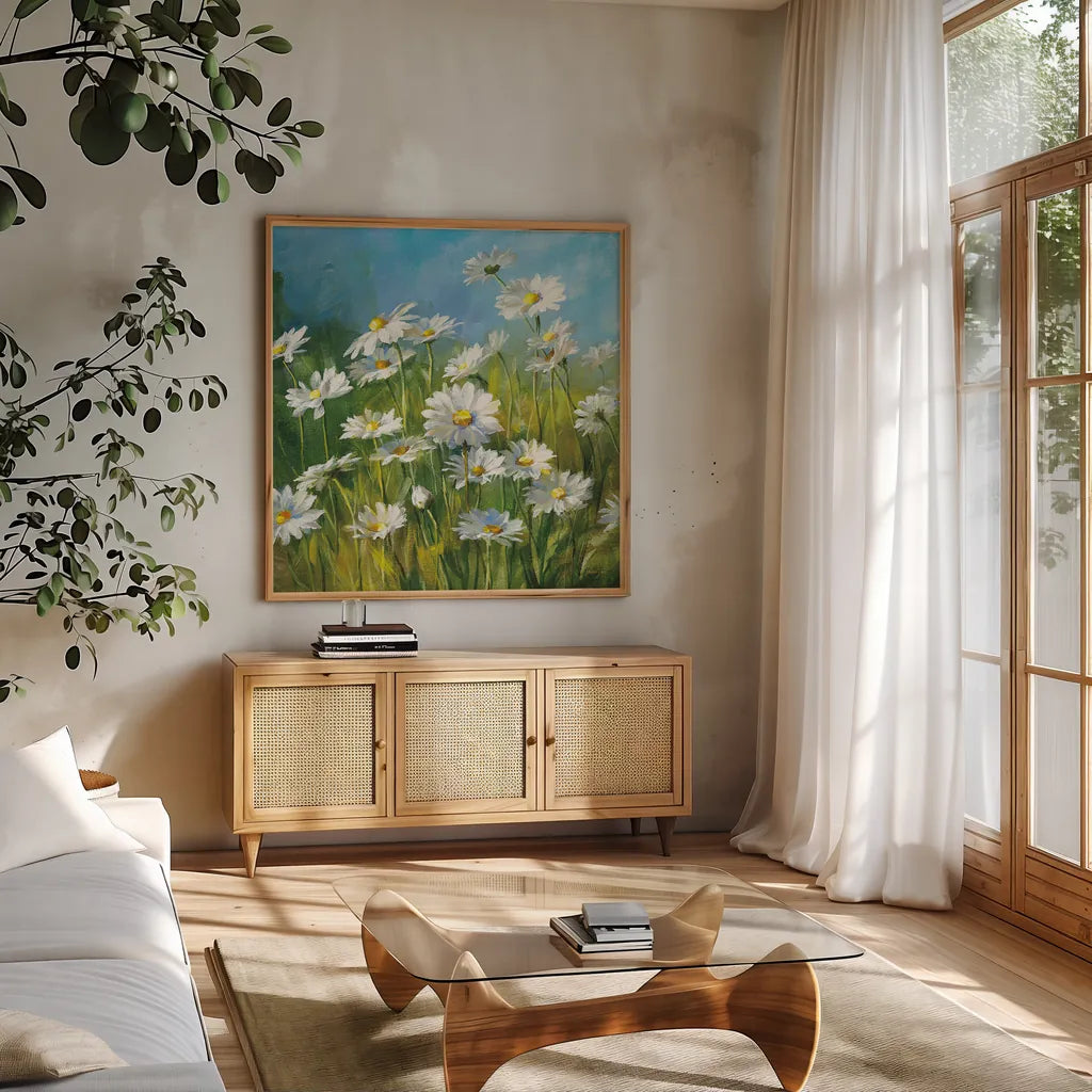 Summer Field II by Danhui Nai. Shown in a natural wood frame in a cozy modern living room. Available as an archival giclee rolled canvas, fine art paper, or poster print. SKU 6575a.