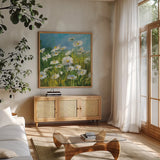 Summer Field II by Danhui Nai. Shown in a natural wood frame in a cozy modern living room. Available as an archival giclee rolled canvas, fine art paper, or poster print. SKU 6575a.