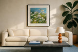 Summer Field II by Danhui Nai. Displayed in a glass frame with matte in a clean modern living room. Available as an archival giclee rolled canvas, fine art paper, or poster print. SKU 6575a.