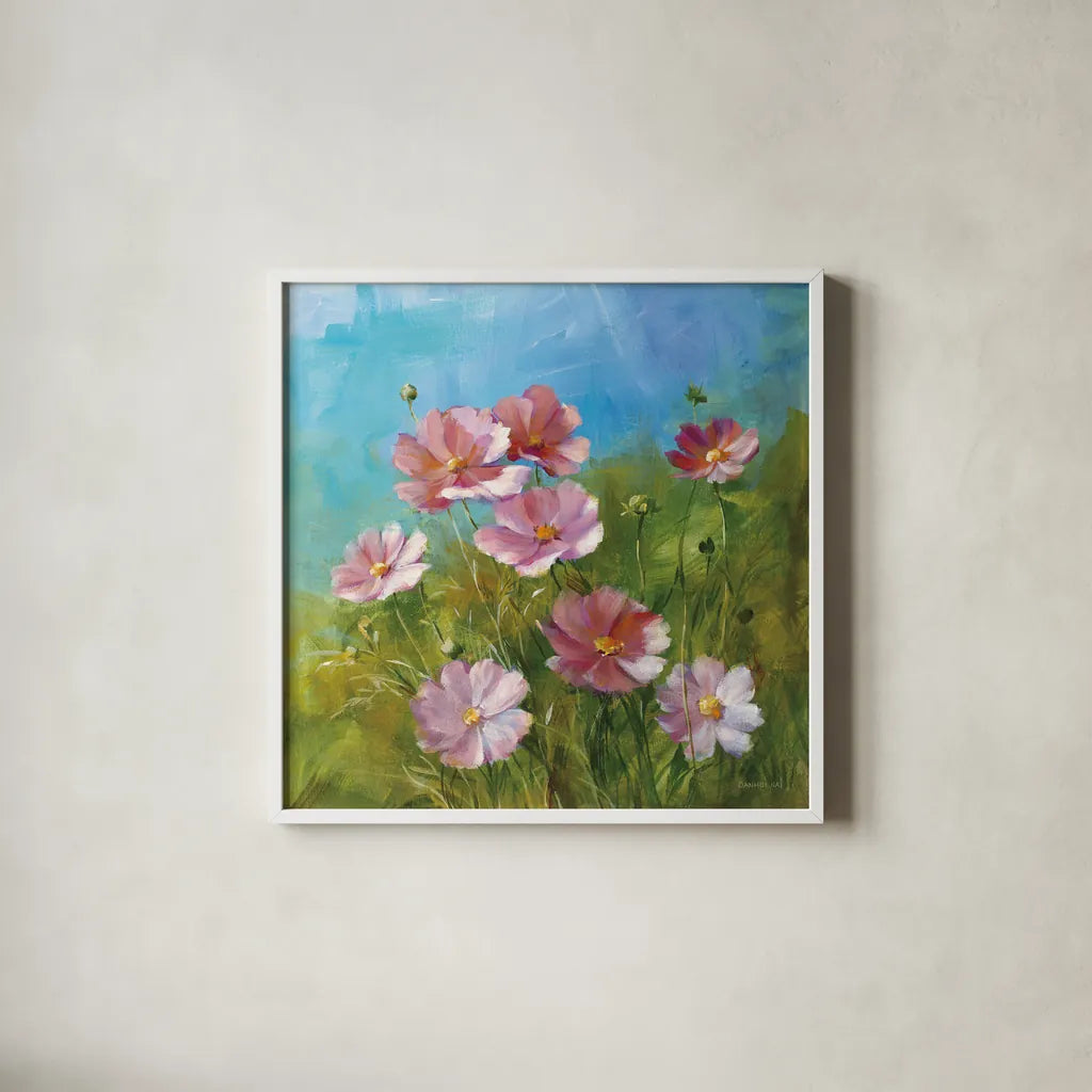 Summer Field III by Danhui Nai. Shown in a crisp white glass frame for a clean and minimalist style. Available as an archival giclee rolled canvas, fine art paper, or poster print. SKU 6576a.