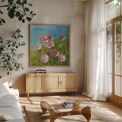 Summer Field III by Danhui Nai. Shown in a natural wood frame in a cozy modern living room. Available as an archival giclee rolled canvas, fine art paper, or poster print. SKU 6576a.
