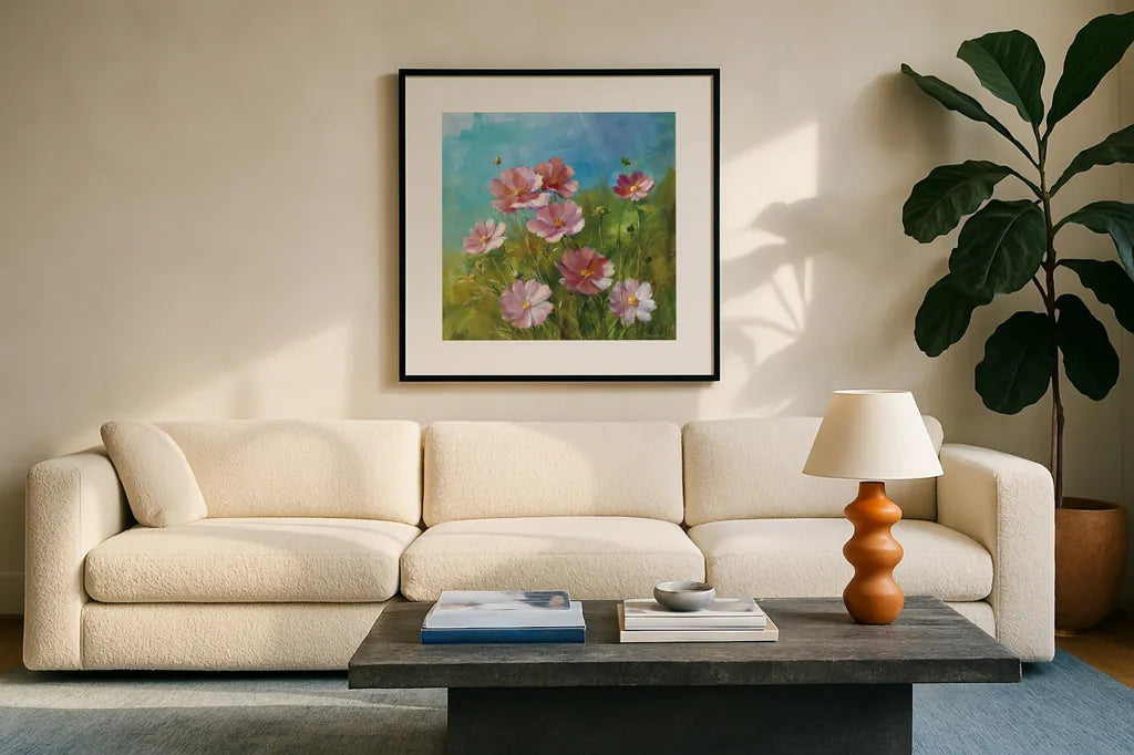 Summer Field III by Danhui Nai. Displayed in a glass frame with matte in a clean modern living room. Available as an archival giclee rolled canvas, fine art paper, or poster print. SKU 6576a.