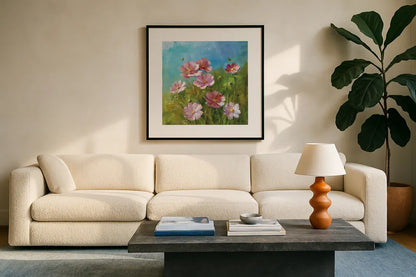 Summer Field III by Danhui Nai. Displayed in a glass frame with matte in a clean modern living room. Available as an archival giclee rolled canvas, fine art paper, or poster print. SKU 6576a.