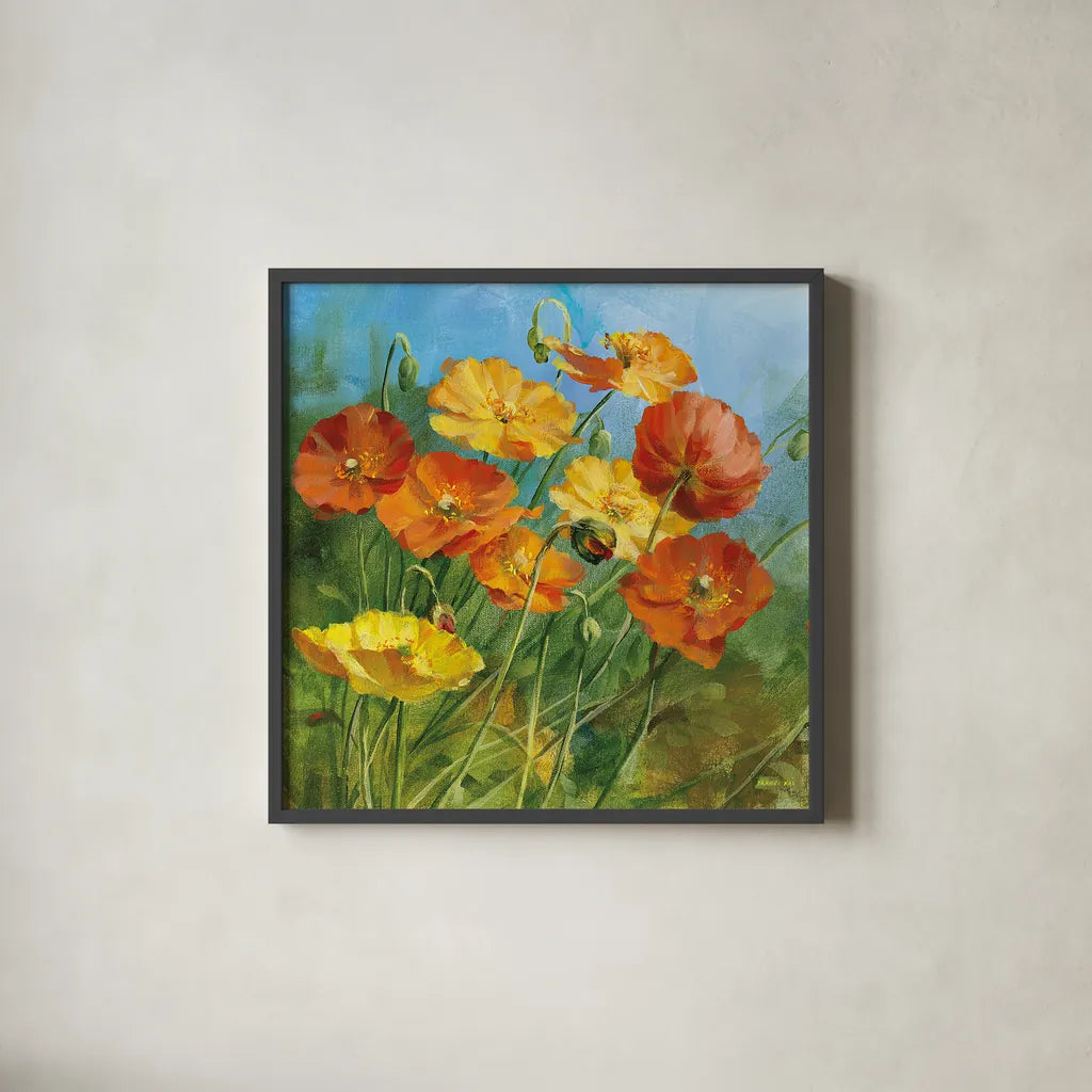 Summer Field IV by Danhui Nai. Shown in a sleek black glass frame for a contemporary gallery look. Available as an archival giclee rolled canvas, fine art paper, or poster print. SKU 6577a.