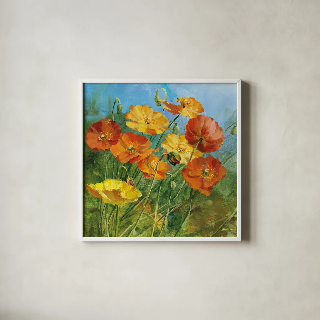 Summer Field IV by Danhui Nai. Shown in a crisp white glass frame for a clean and minimalist style. Available as an archival giclee rolled canvas, fine art paper, or poster print. SKU 6577a.