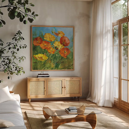 Summer Field IV by Danhui Nai. Shown in a natural wood frame in a cozy modern living room. Available as an archival giclee rolled canvas, fine art paper, or poster print. SKU 6577a.