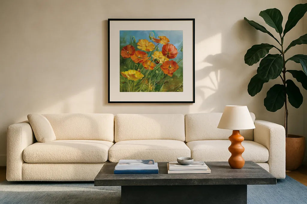 Summer Field IV by Danhui Nai. Displayed in a glass frame with matte in a clean modern living room. Available as an archival giclee rolled canvas, fine art paper, or poster print. SKU 6577a.