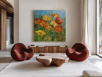 Summer Field IV by Danhui Nai. Shown as extra-large giant wall art in a modern living room. Available as an archival giclee rolled canvas, fine art paper, or poster print. SKU 6577a.