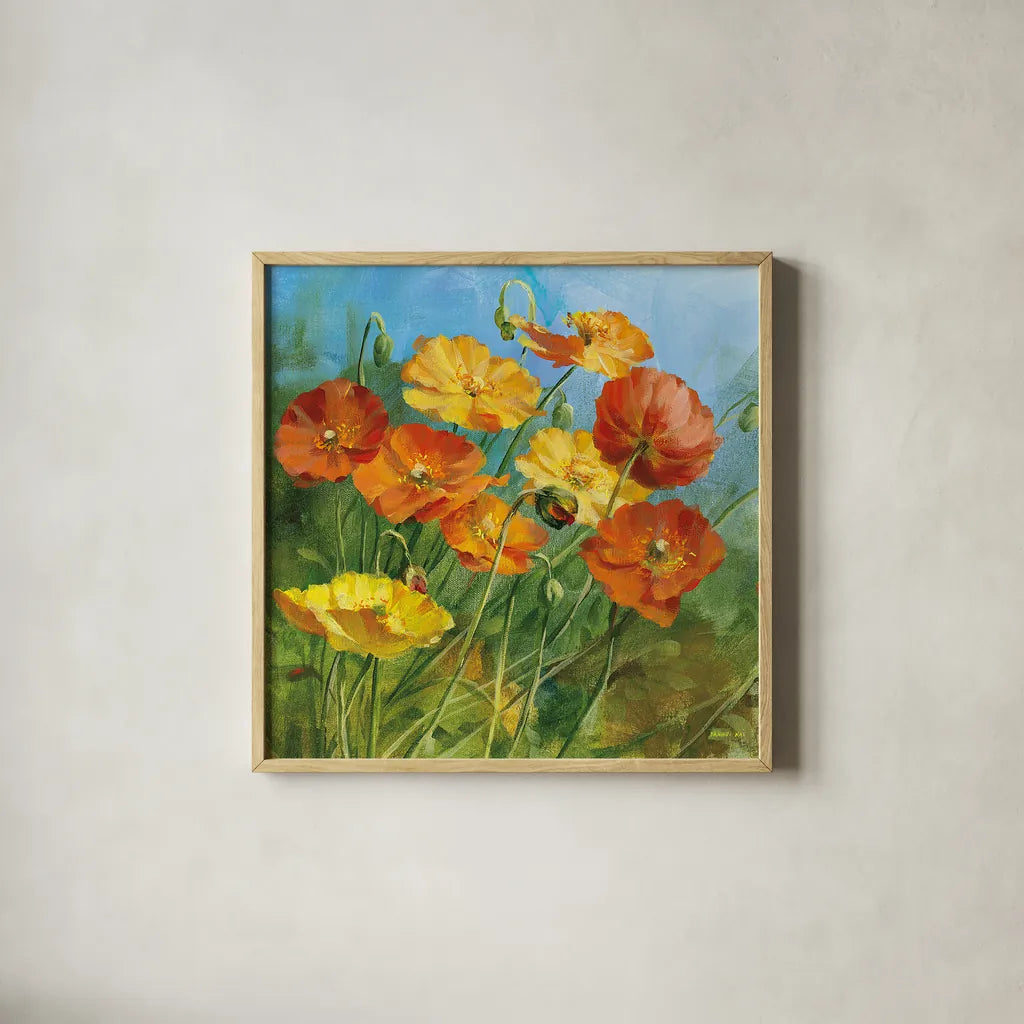Summer Field IV by Danhui Nai. Shown in a natural wood glass frame for a timeless modern aesthetic. Available as an archival giclee rolled canvas, fine art paper, or poster print. SKU 6579a.