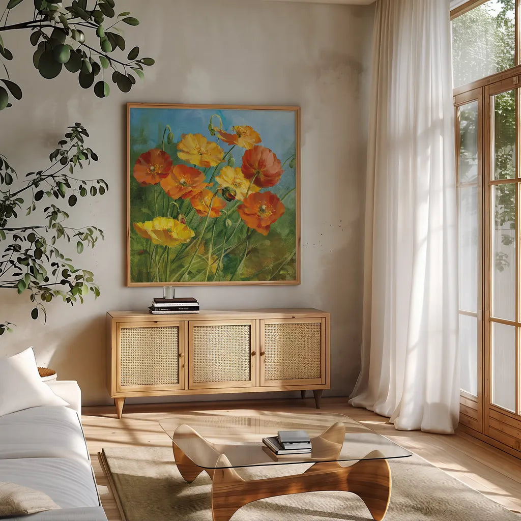 Summer Field IV by Danhui Nai. Shown in a natural wood frame in a cozy modern living room. Available as an archival giclee rolled canvas, fine art paper, or poster print. SKU 6579a.
