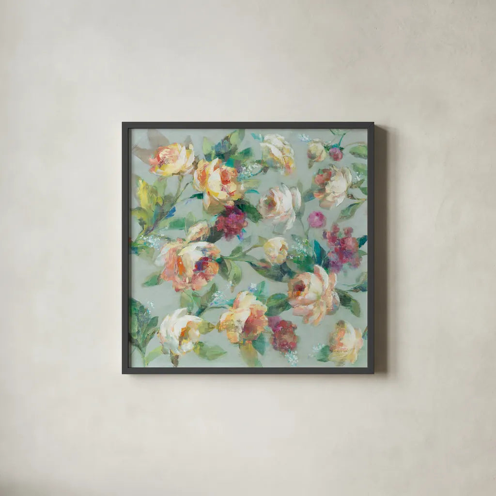 Summer Garden by Danhui Nai. Shown in a sleek black glass frame for a contemporary gallery look. Available as an archival giclee rolled canvas, fine art paper, or poster print. SKU 52362a.