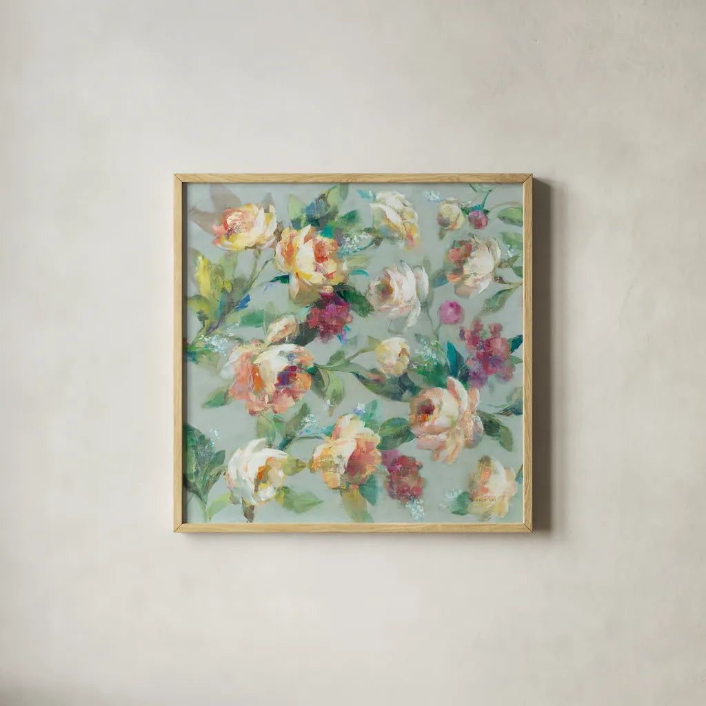 Summer Garden by Danhui Nai. Shown in a natural wood glass frame for a timeless modern aesthetic. Available as an archival giclee rolled canvas, fine art paper, or poster print. SKU 52362a.