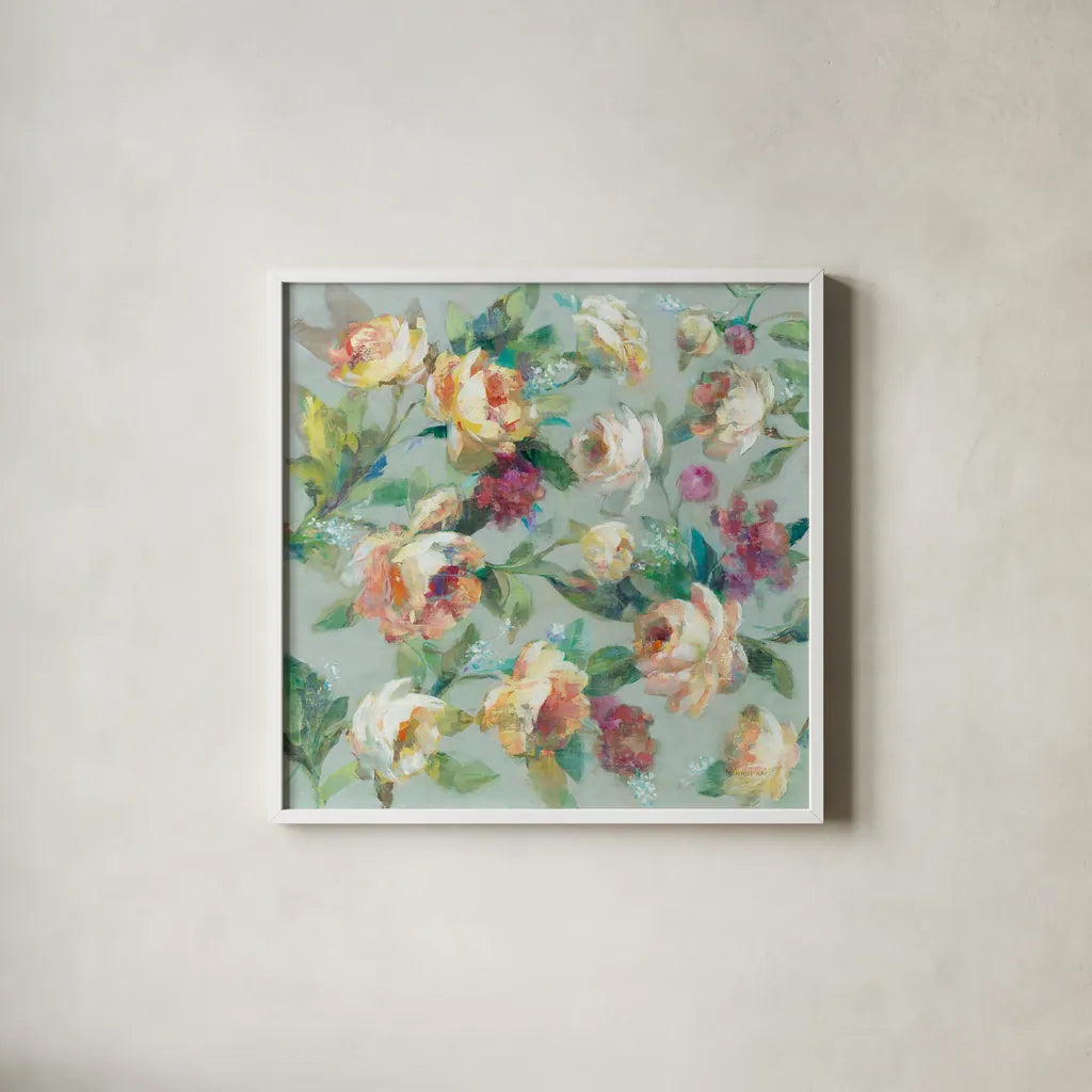 Summer Garden by Danhui Nai. Shown in a crisp white glass frame for a clean and minimalist style. Available as an archival giclee rolled canvas, fine art paper, or poster print. SKU 52362a.