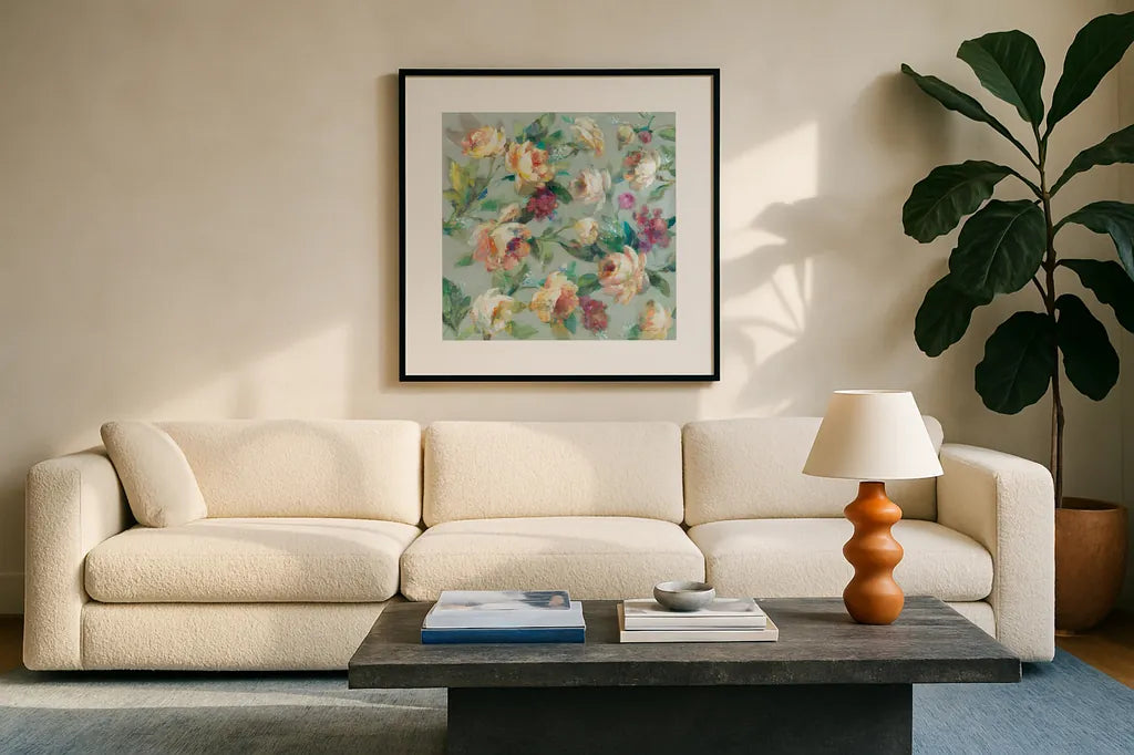 Summer Garden by Danhui Nai. Displayed in a glass frame with matte in a clean modern living room. Available as an archival giclee rolled canvas, fine art paper, or poster print. SKU 52362a.
