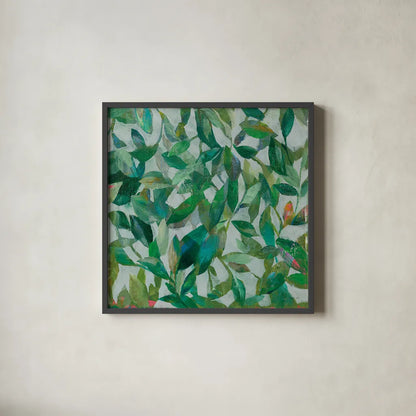 Summer Garden Greenery I by Danhui Nai. Shown in a sleek black glass frame for a contemporary gallery look. Available as an archival giclee rolled canvas, fine art paper, or poster print. SKU 52748a.
