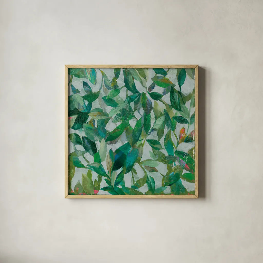 Summer Garden Greenery I by Danhui Nai. Shown in a natural wood glass frame for a timeless modern aesthetic. Available as an archival giclee rolled canvas, fine art paper, or poster print. SKU 52748a.