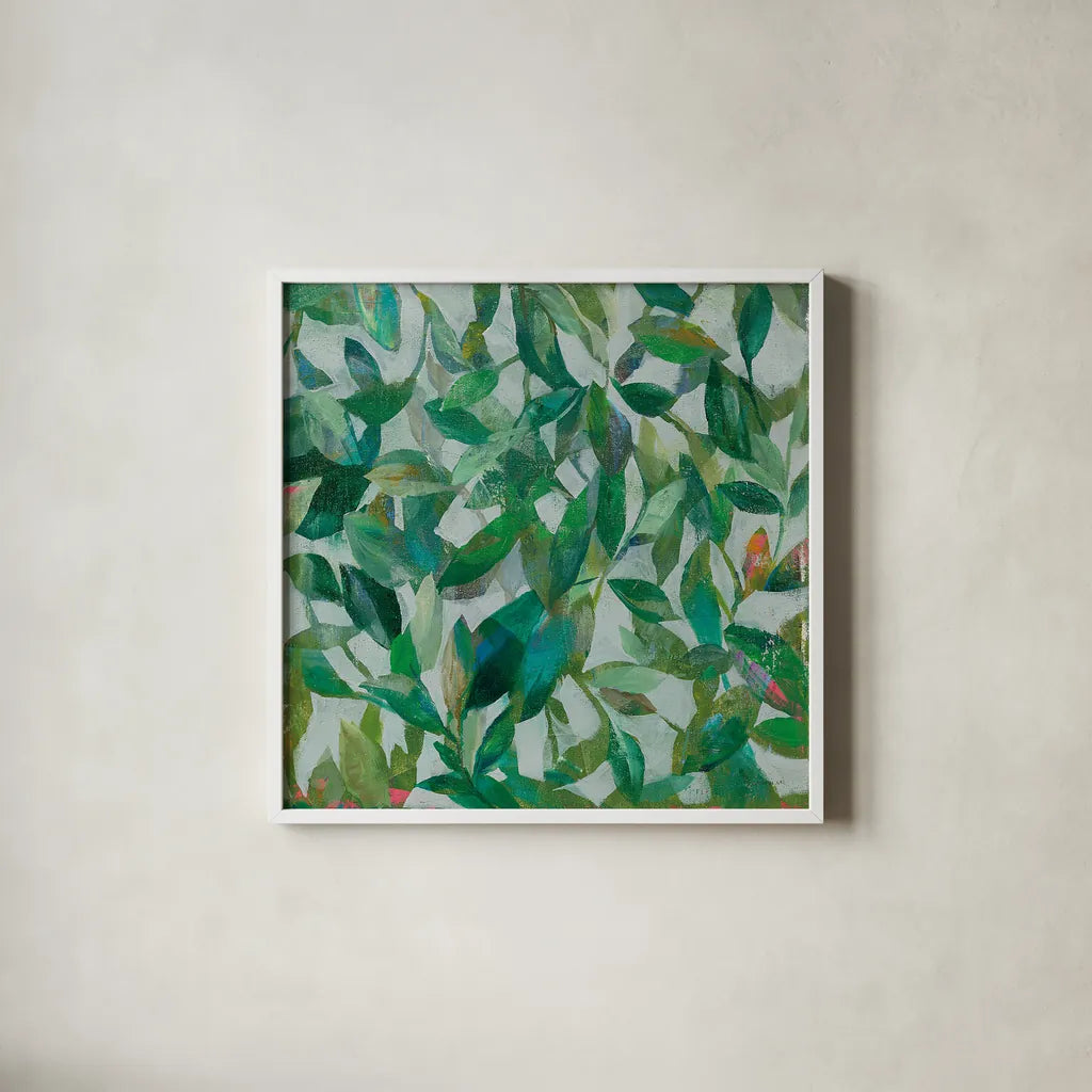 Summer Garden Greenery I by Danhui Nai. Shown in a crisp white glass frame for a clean and minimalist style. Available as an archival giclee rolled canvas, fine art paper, or poster print. SKU 52748a.