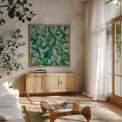 Summer Garden Greenery I by Danhui Nai. Shown in a natural wood frame in a cozy modern living room. Available as an archival giclee rolled canvas, fine art paper, or poster print. SKU 52748a.