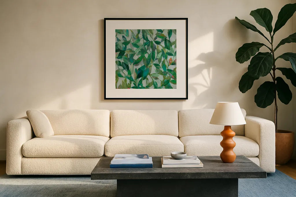 Summer Garden Greenery I by Danhui Nai. Displayed in a glass frame with matte in a clean modern living room. Available as an archival giclee rolled canvas, fine art paper, or poster print. SKU 52748a.