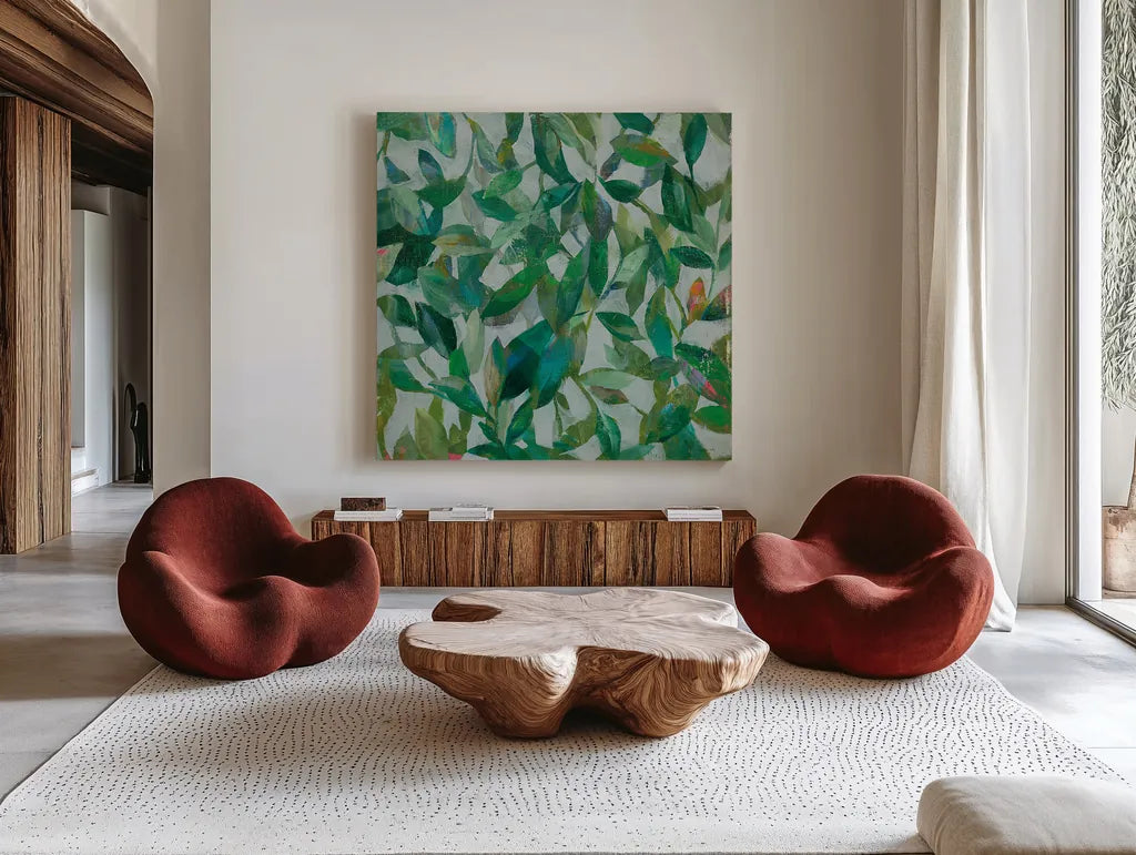Summer Garden Greenery I by Danhui Nai. Shown as extra-large giant wall art in a modern living room. Available as an archival giclee rolled canvas, fine art paper, or poster print. SKU 52748a.