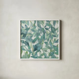 Summer Garden Greenery I Light by Danhui Nai. Shown in a crisp white glass frame for a clean and minimalist style. Available as an archival giclee rolled canvas, fine art paper, or poster print. SKU 54051a.