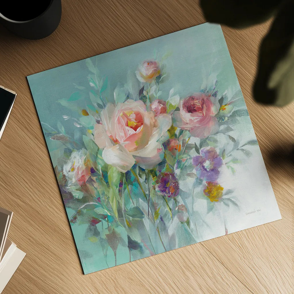 Summer Garden Roses by Danhui Nai. Shown as a detailed flat fine art print, highlighting archival giclee quality. Available as an archival giclee rolled canvas, fine art paper, or poster print. SKU 57494a.