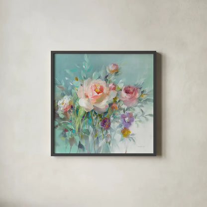 Summer Garden Roses by Danhui Nai. Shown in a sleek black glass frame for a contemporary gallery look. Available as an archival giclee rolled canvas, fine art paper, or poster print. SKU 57494a.
