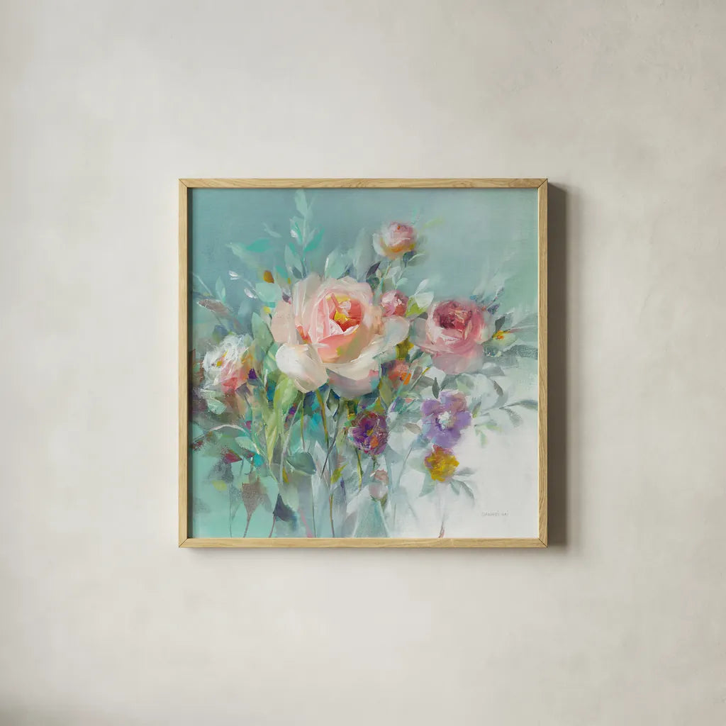 Summer Garden Roses by Danhui Nai. Shown in a natural wood glass frame for a timeless modern aesthetic. Available as an archival giclee rolled canvas, fine art paper, or poster print. SKU 57494a.