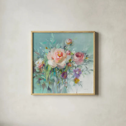 Summer Garden Roses by Danhui Nai. Shown in a natural wood glass frame for a timeless modern aesthetic. Available as an archival giclee rolled canvas, fine art paper, or poster print. SKU 57494a.
