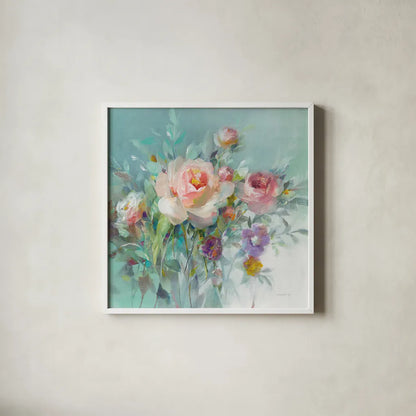 Summer Garden Roses by Danhui Nai. Shown in a crisp white glass frame for a clean and minimalist style. Available as an archival giclee rolled canvas, fine art paper, or poster print. SKU 57494a.