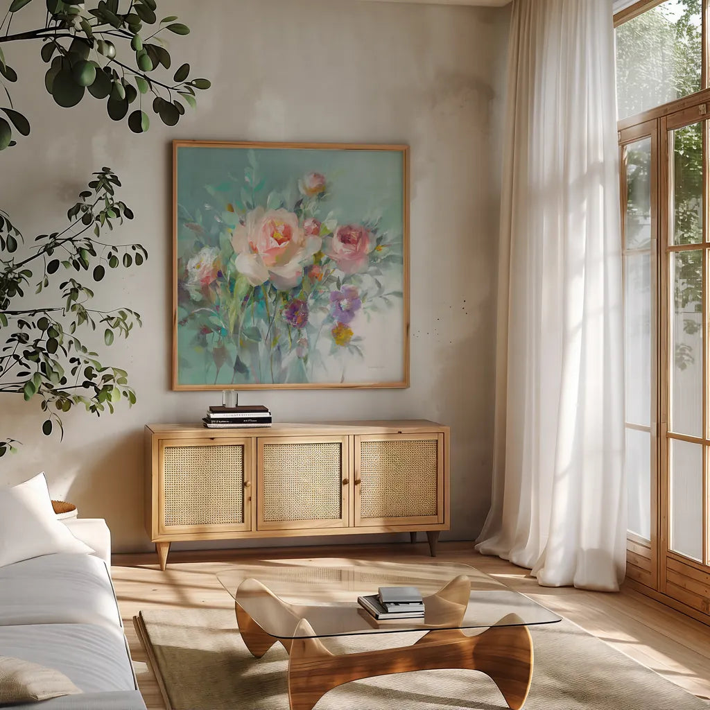Summer Garden Roses by Danhui Nai. Shown in a natural wood frame in a cozy modern living room. Available as an archival giclee rolled canvas, fine art paper, or poster print. SKU 57494a.