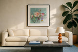 Summer Garden Roses by Danhui Nai. Displayed in a glass frame with matte in a clean modern living room. Available as an archival giclee rolled canvas, fine art paper, or poster print. SKU 57494a.