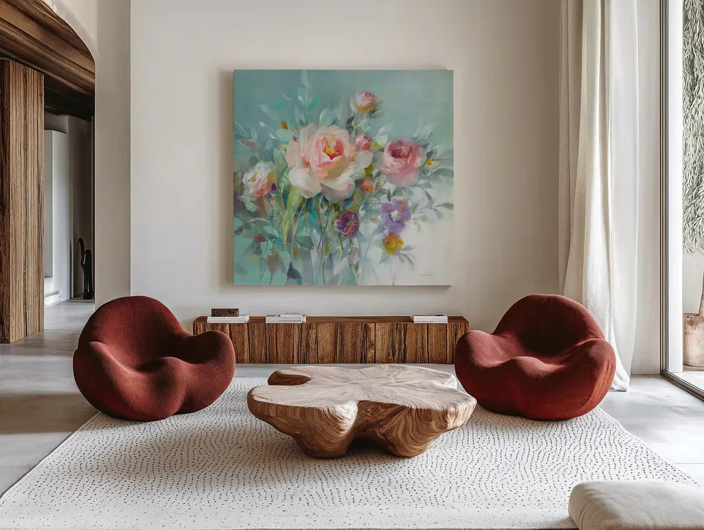 Summer Garden Roses by Danhui Nai. Shown as extra-large giant wall art in a modern living room. Available as an archival giclee rolled canvas, fine art paper, or poster print. SKU 57494a.