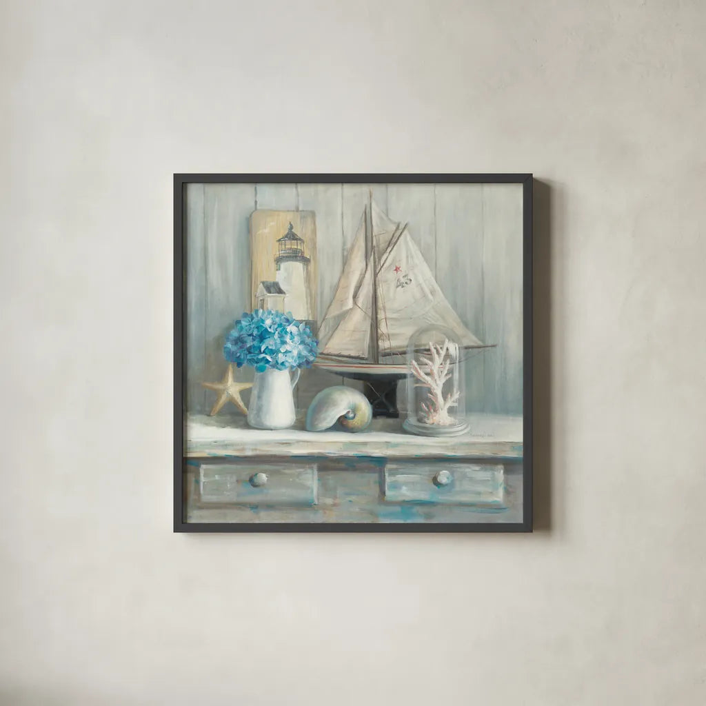 Summer House Square by Danhui Nai. Shown in a sleek black glass frame for a contemporary gallery look. Available as an archival giclee rolled canvas, fine art paper, or poster print. SKU 62717a.