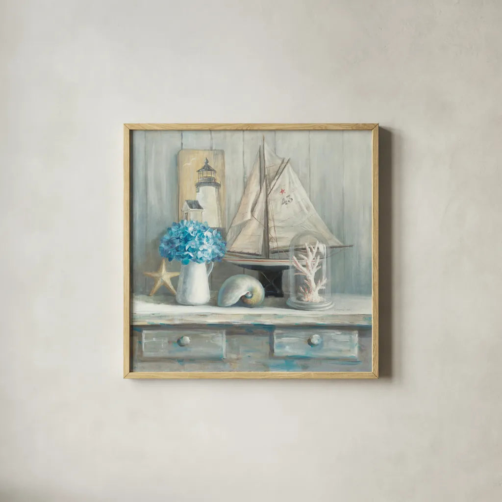 Summer House Square by Danhui Nai. Shown in a natural wood glass frame for a timeless modern aesthetic. Available as an archival giclee rolled canvas, fine art paper, or poster print. SKU 62717a.