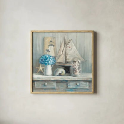 Summer House Square by Danhui Nai. Shown in a natural wood glass frame for a timeless modern aesthetic. Available as an archival giclee rolled canvas, fine art paper, or poster print. SKU 62717a.