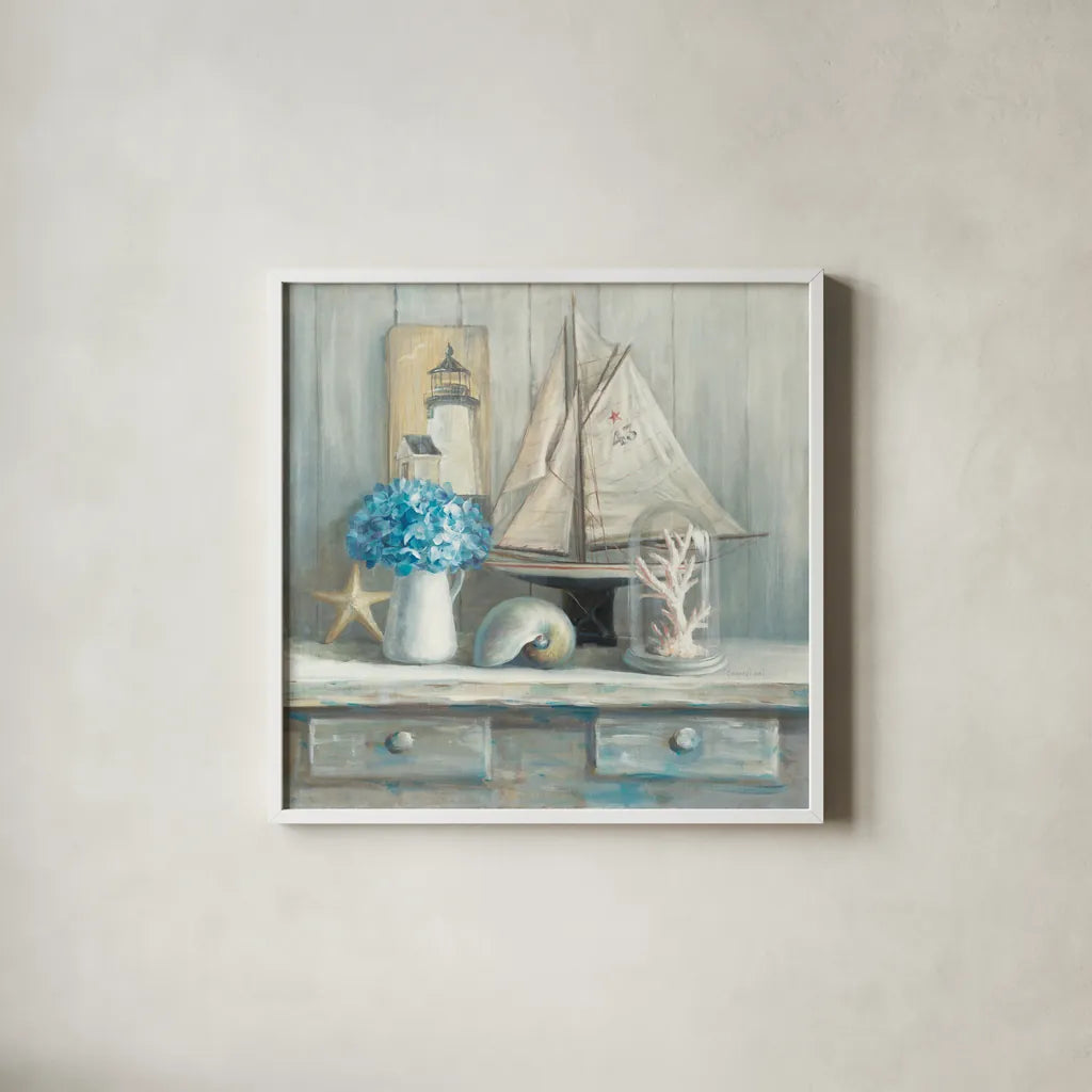 Summer House Square by Danhui Nai. Shown in a crisp white glass frame for a clean and minimalist style. Available as an archival giclee rolled canvas, fine art paper, or poster print. SKU 62717a.