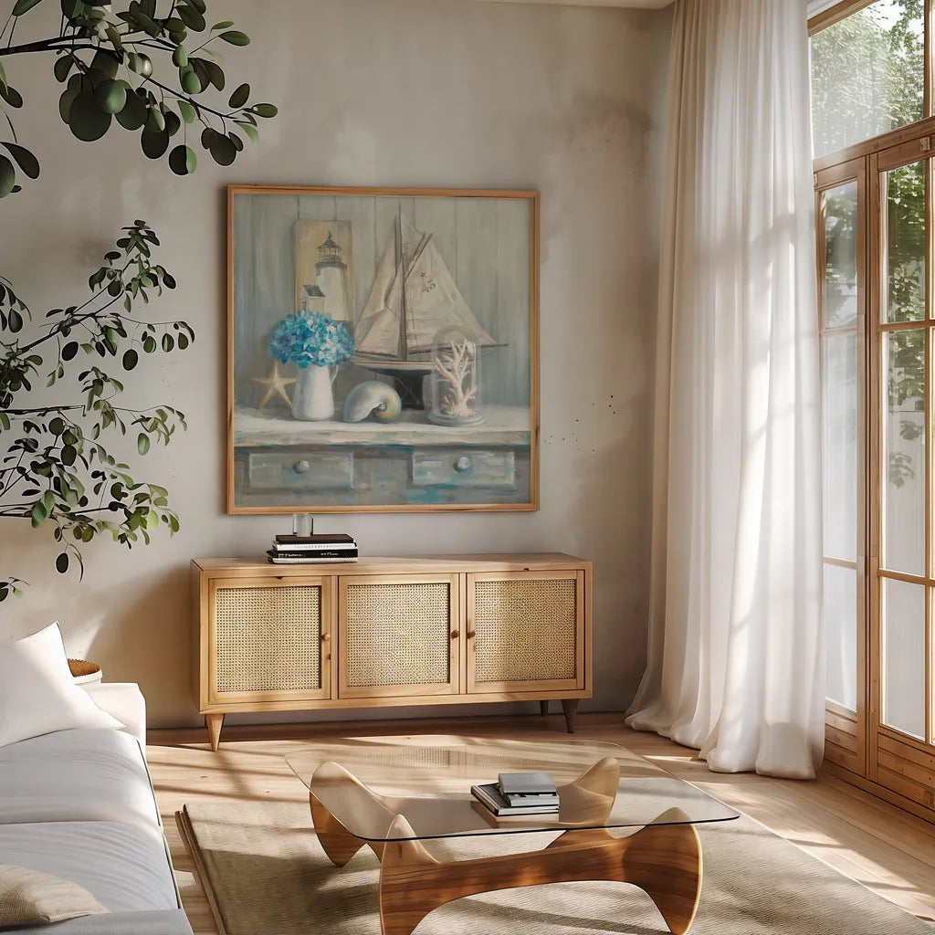 Summer House Square by Danhui Nai. Shown in a natural wood frame in a cozy modern living room. Available as an archival giclee rolled canvas, fine art paper, or poster print. SKU 62717a.