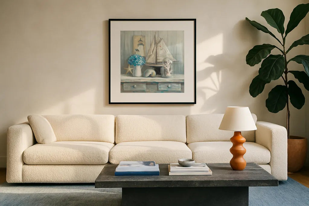 Summer House Square by Danhui Nai. Displayed in a glass frame with matte in a clean modern living room. Available as an archival giclee rolled canvas, fine art paper, or poster print. SKU 62717a.